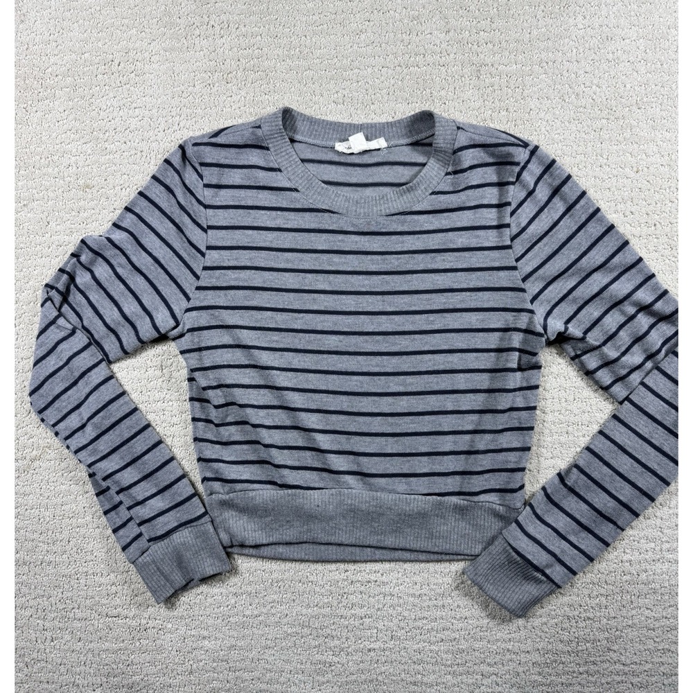 Painted Threads Womens Gray Navy Striped Long Sleeve Ribbed Hem Top Size M